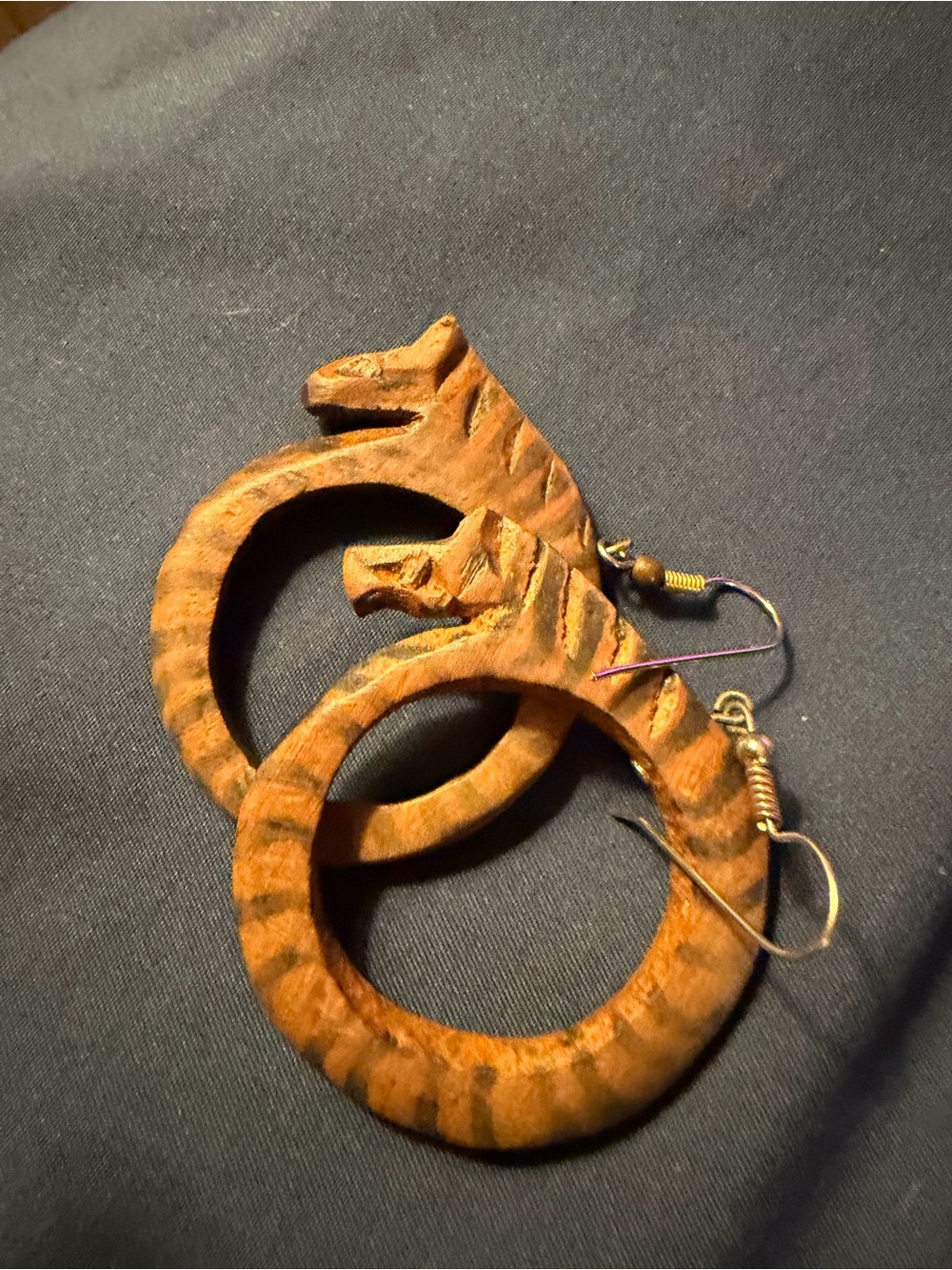 Vintage Hand-Carved Wooden Zebra Hoop Earrings - Brown